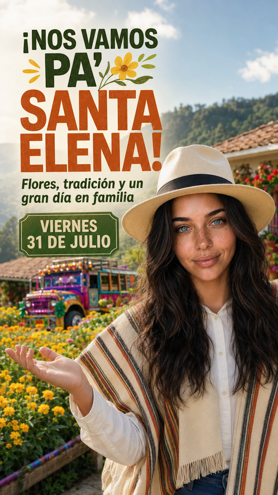 Adriana con poncho y sombrero invita a visitar Santa Elena
